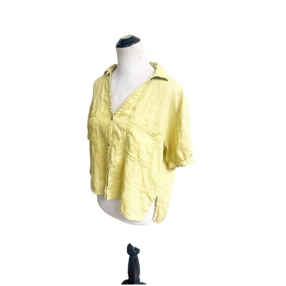 PILCRO Anthropologie 100% Linen Surf Button Down Short Sleeve Shirt Yellow Med - Picture 10 of 13